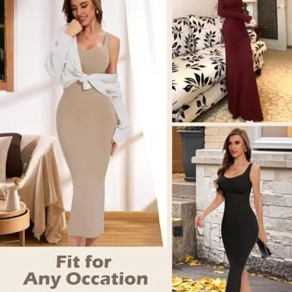 Elegant Slip Dress Tummy Control Shapewear Long Slip Back Slit Minimal Chic
